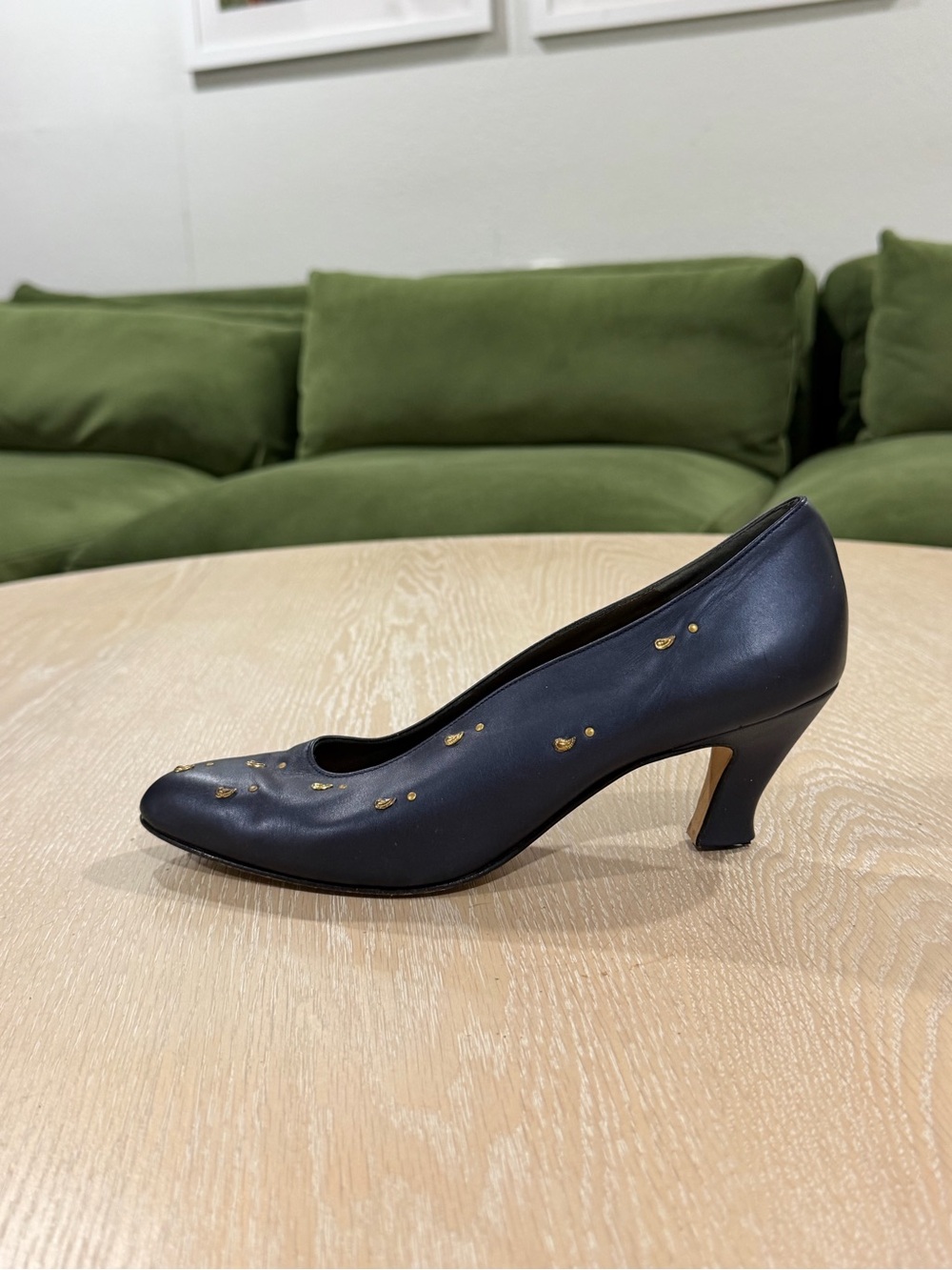 Classic Black Mid-Heel Pump with Gold Stud Accents